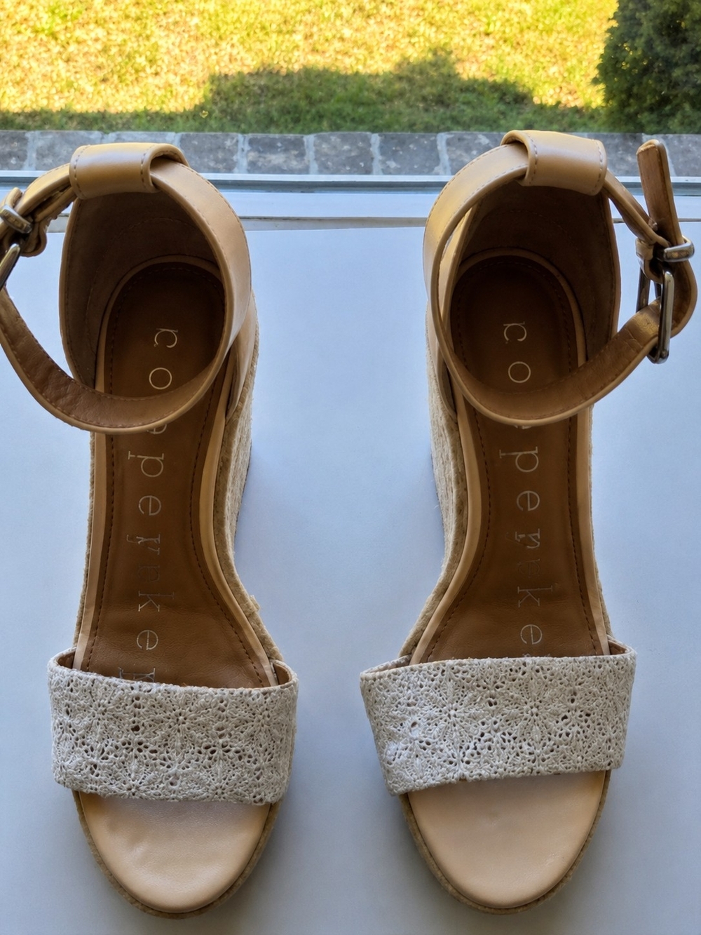 Copper Key Women’s 6.5 Espadrille Wedge Sandals Crochet Ankle Strap Beige